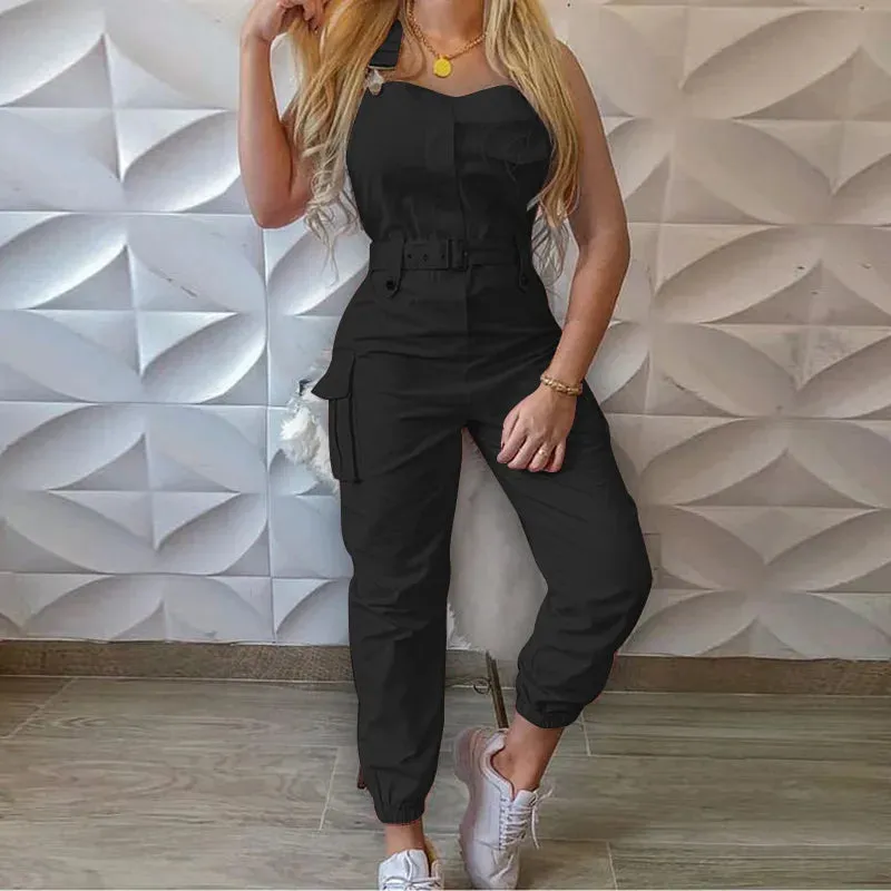 Lady Pink Jumpsuits Casual Sleeveless Polyester Ankle Tied Cargo Jumpsuits For Working Overall Jumpsuits