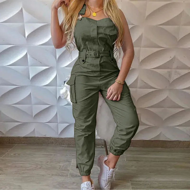 Lady Pink Jumpsuits Casual Sleeveless Polyester Ankle Tied Cargo Jumpsuits For Working Overall Jumpsuits