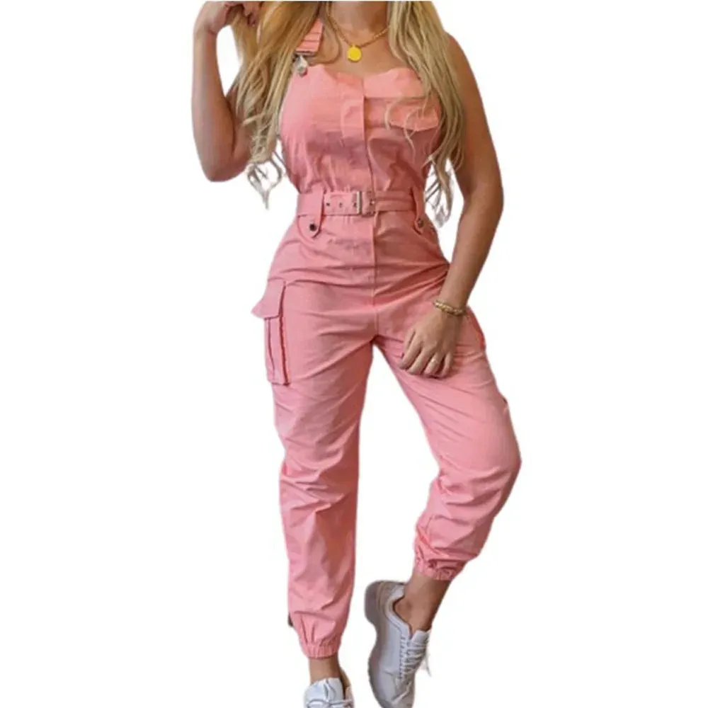Lady Pink Jumpsuits Casual Sleeveless Polyester Ankle Tied Cargo Jumpsuits For Working Overall Jumpsuits