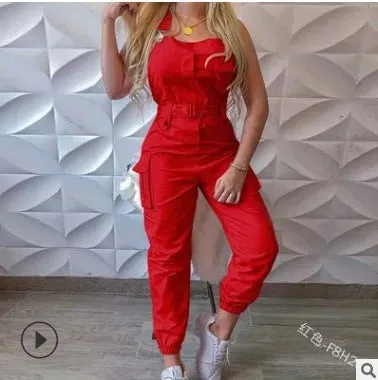 Lady Pink Jumpsuits Casual Sleeveless Polyester Ankle Tied Cargo Jumpsuits For Working Overall Jumpsuits