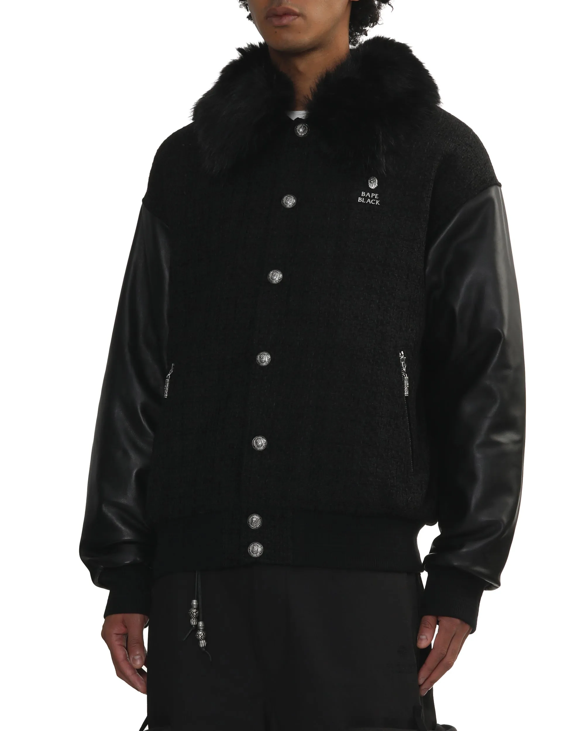 Leather sleeve varsity jacket