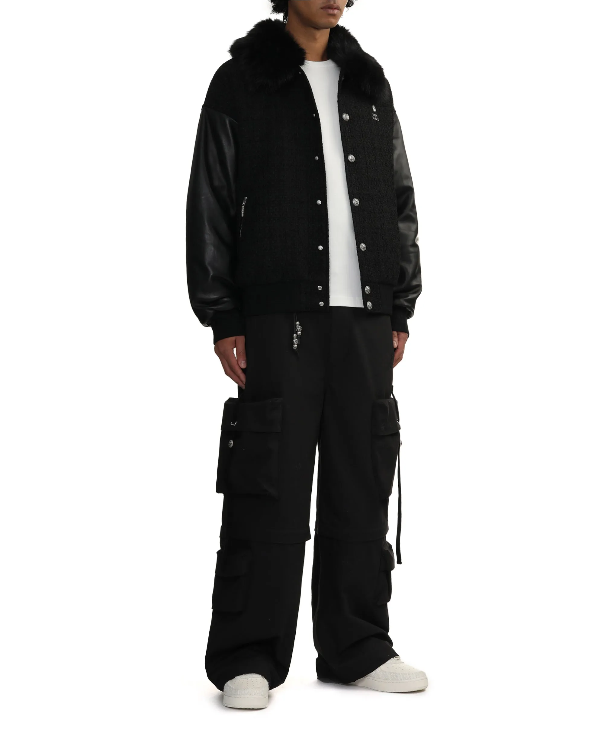 Leather sleeve varsity jacket
