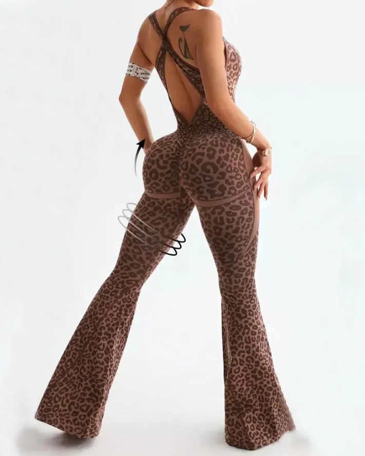 Leopard Print Sleeveless Flared Jumpsuit