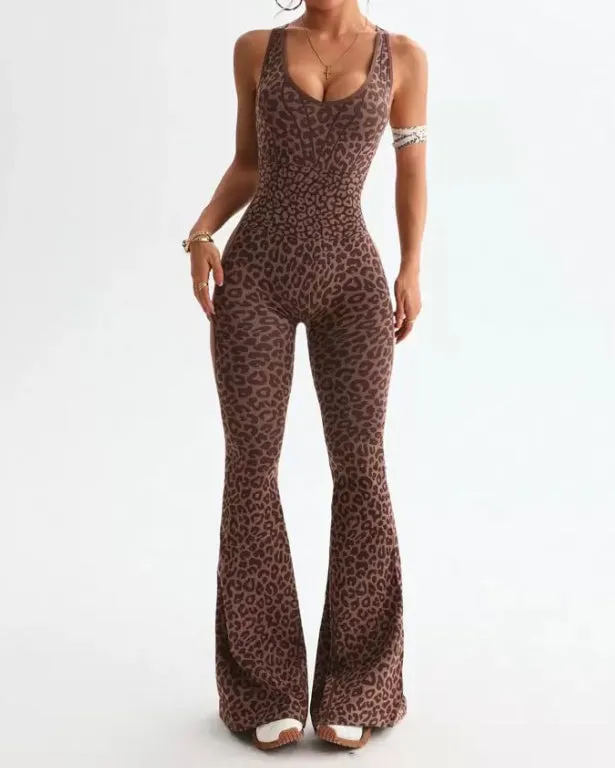 Leopard Print Sleeveless Flared Jumpsuit