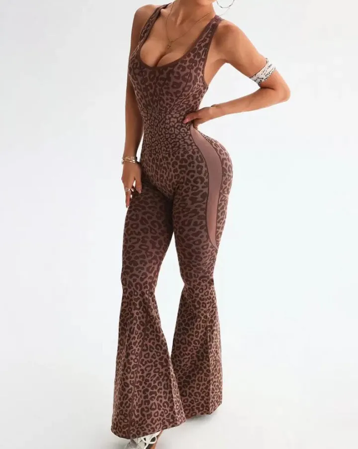 Leopard Print Sleeveless Flared Jumpsuit