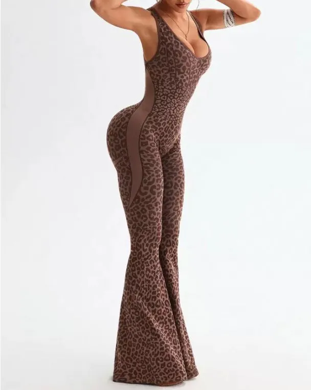 Leopard Print Sleeveless Flared Jumpsuit
