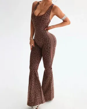 Leopard Print Sleeveless Flared Jumpsuit