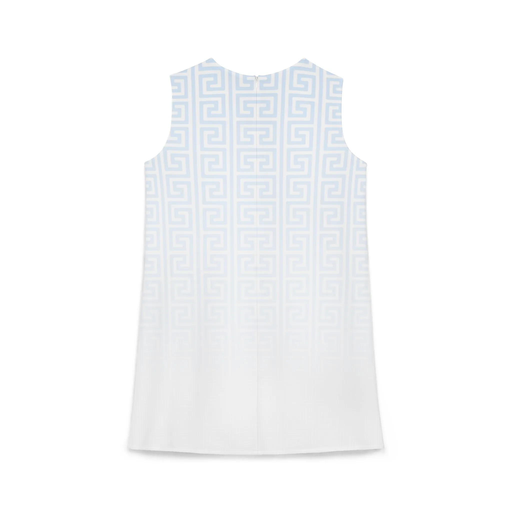 Light Blue White Greek Key Black A-line Sleeveless Dress