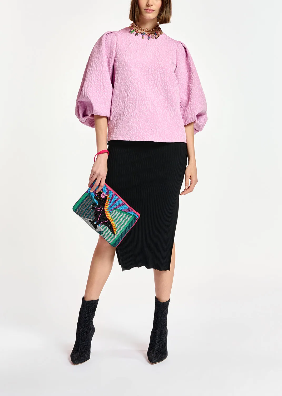 Light pink jacquard top with puffed sleeves