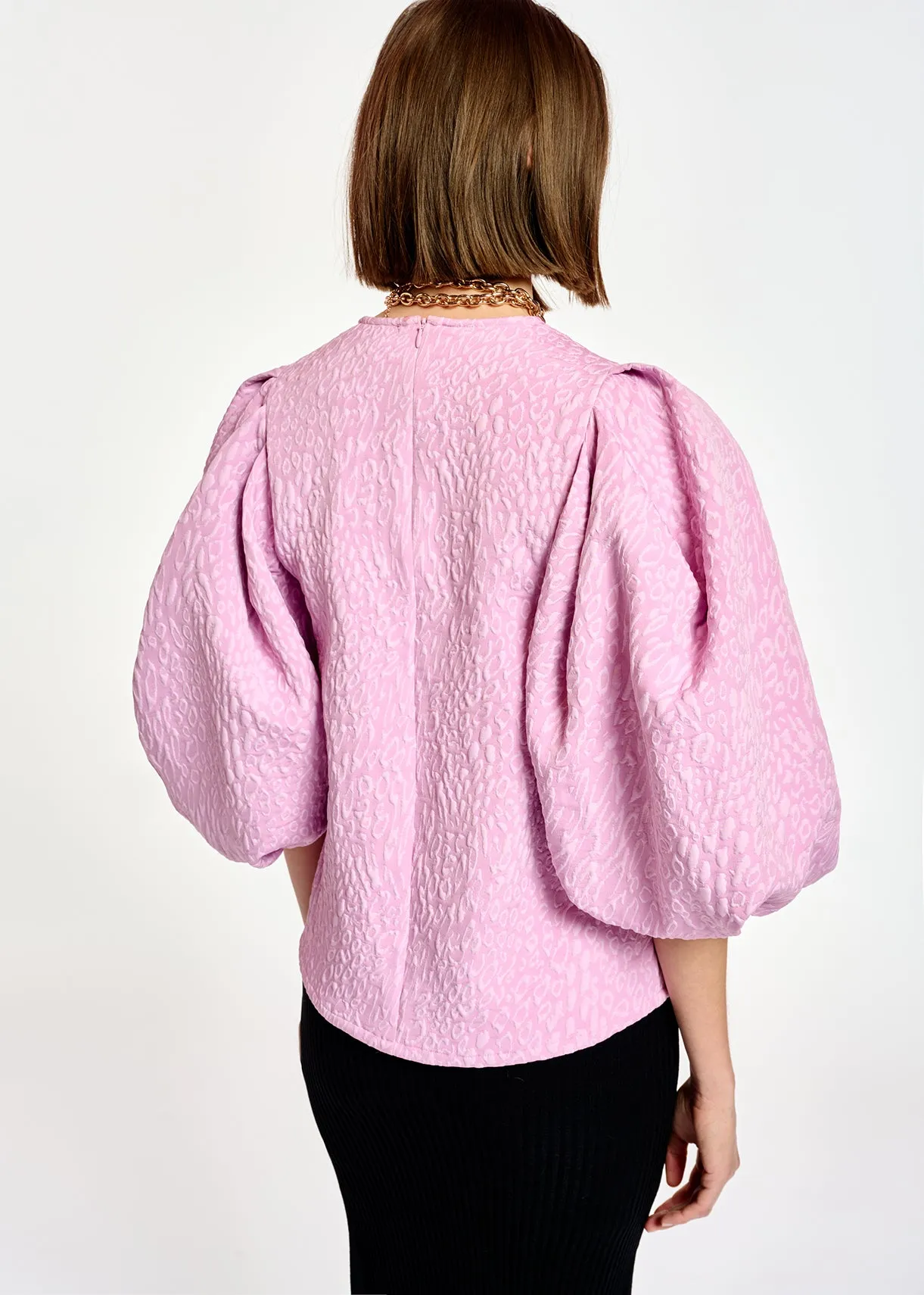 Light pink jacquard top with puffed sleeves
