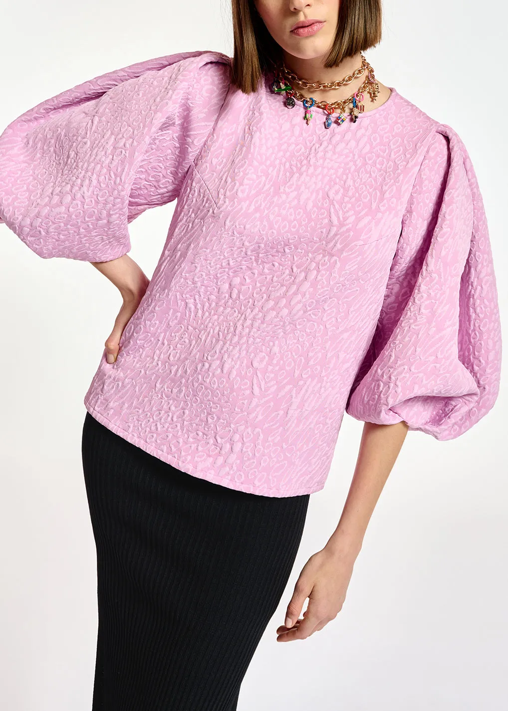 Light pink jacquard top with puffed sleeves