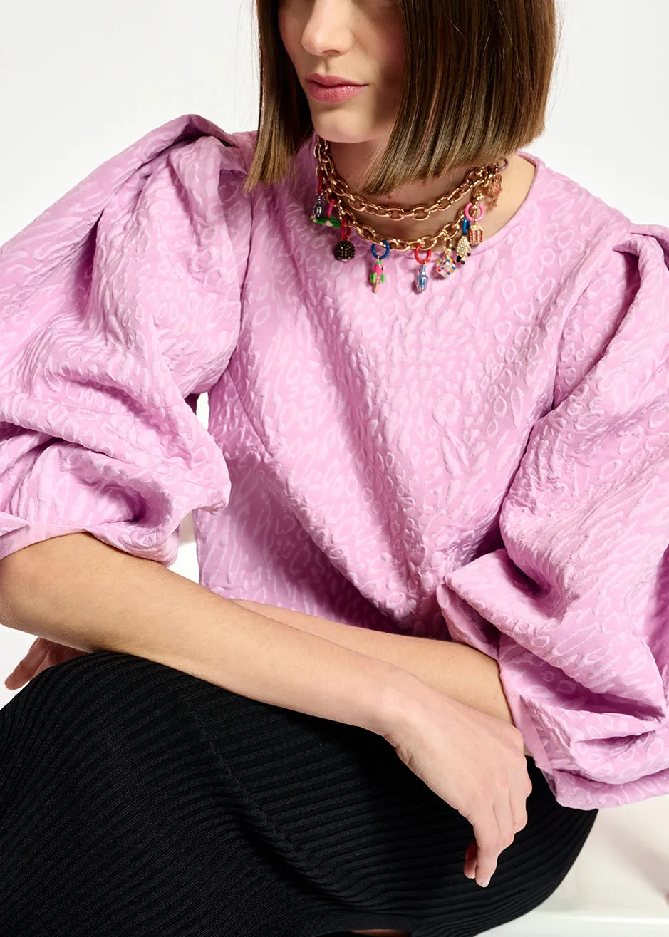 Light pink jacquard top with puffed sleeves