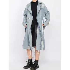 Light-Wash Denim Coat with Wide Lapel Collar for Laid-Back Style