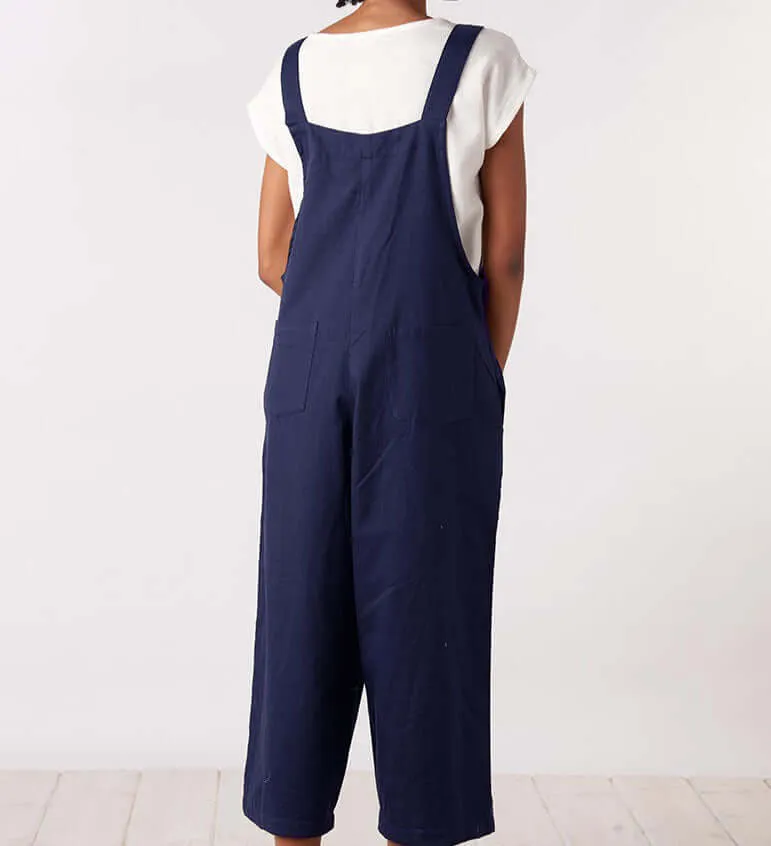 Literary cotton and linen strap casual jumpsuit