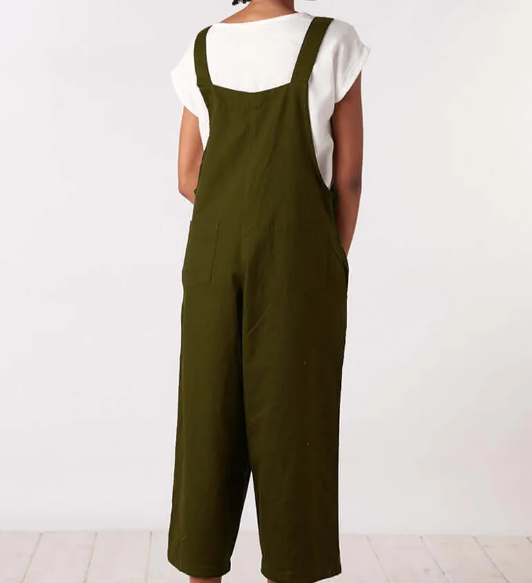 Literary cotton and linen strap casual jumpsuit