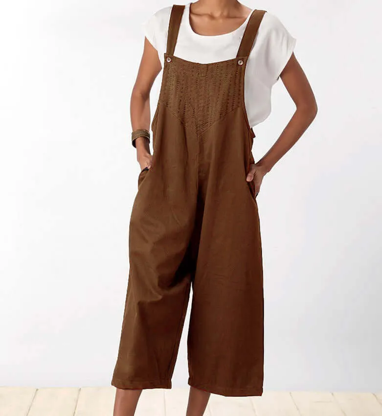 Literary cotton and linen strap casual jumpsuit