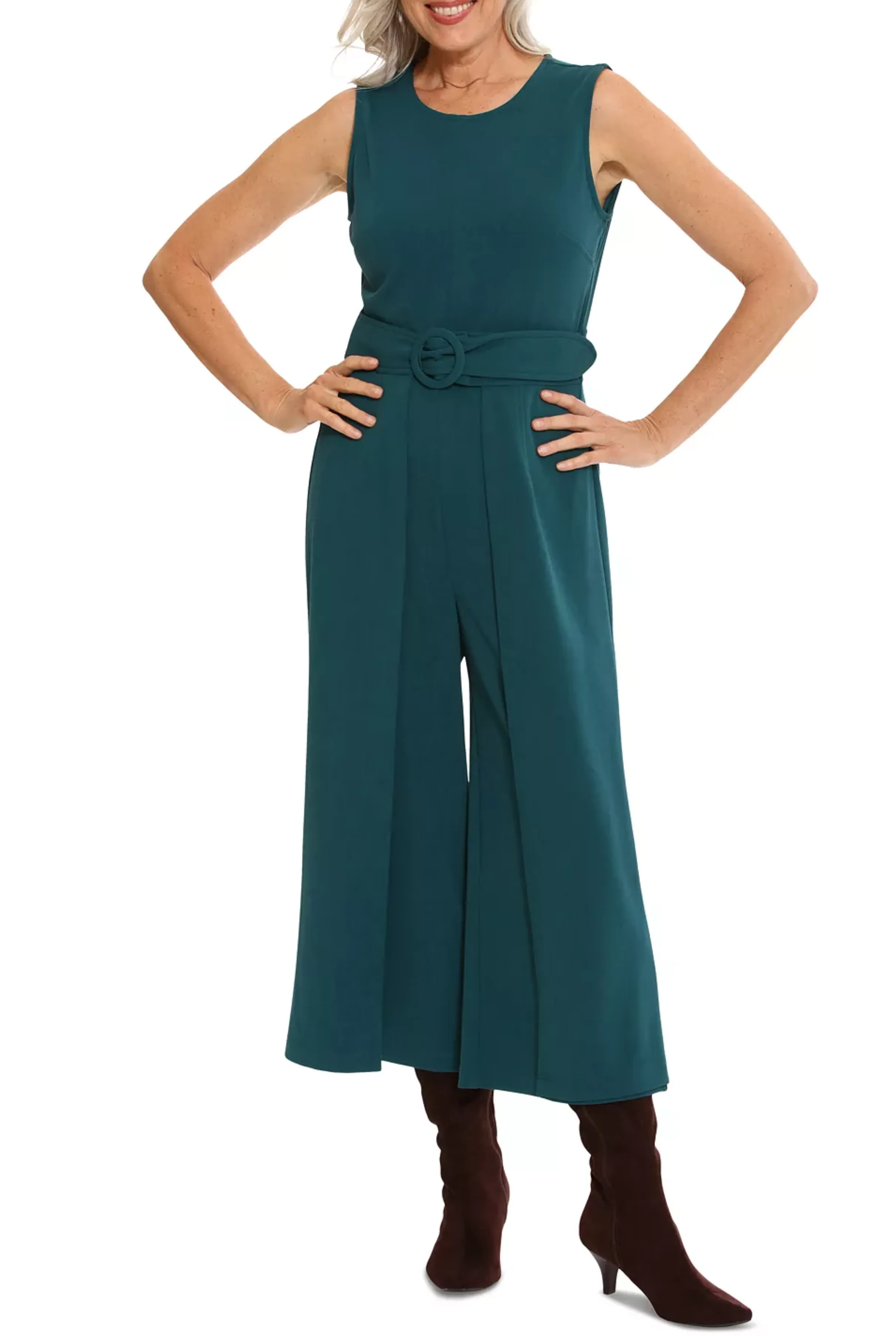 London Times Belted Overlay Wide Leg Jumpsuit
