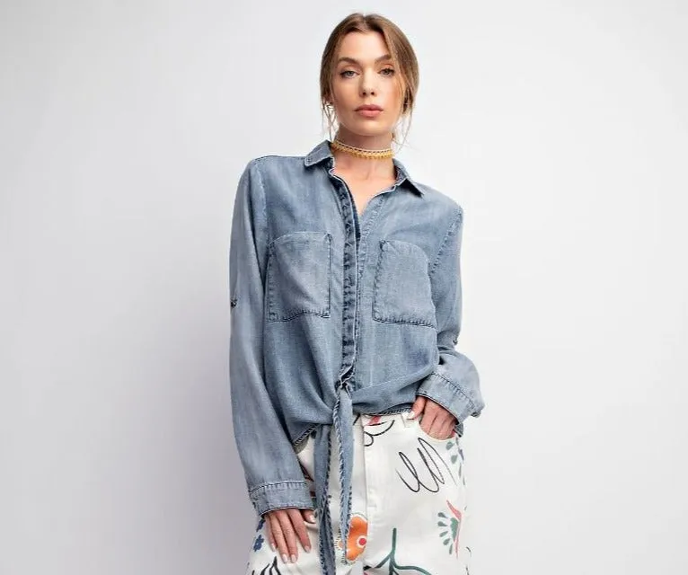 Long Sleeve Denim Crop Silhouette Top