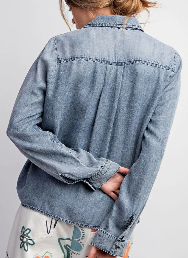 Long Sleeve Denim Crop Silhouette Top