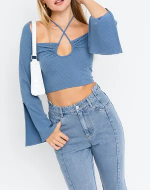 Long Sleeve Halter Neck Key Hole Crop Top