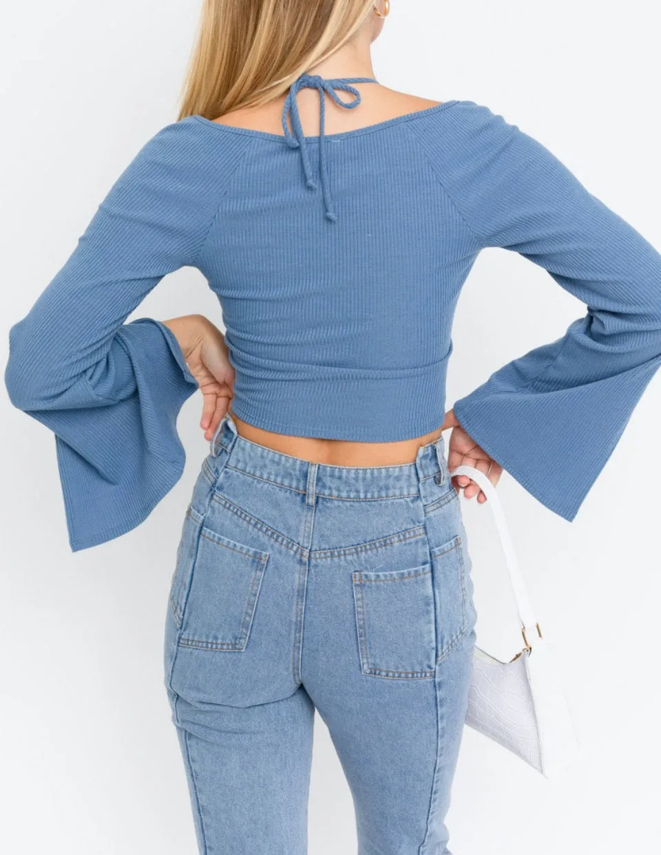 Long Sleeve Halter Neck Key Hole Crop Top