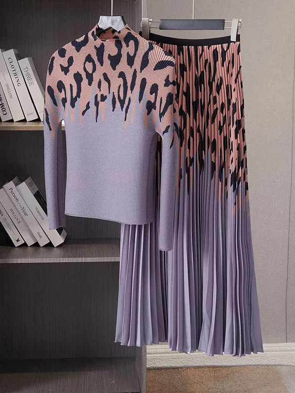 Long Sleeves Printed Mock Neck T-Shirt Top   Pleated A-Line Skirts Bottom Two Pieces Set