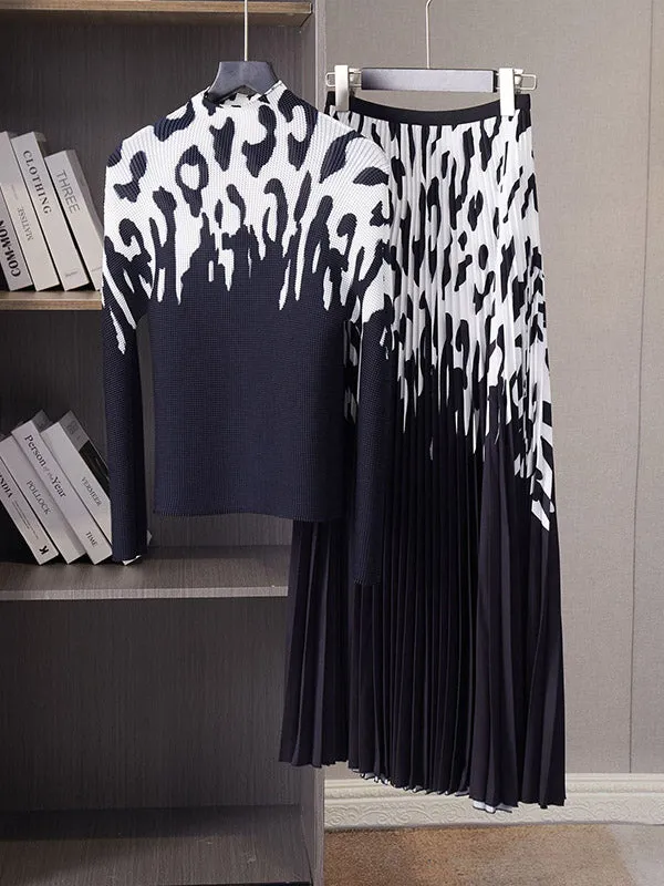 Long Sleeves Printed Mock Neck T-Shirt Top   Pleated A-Line Skirts Bottom Two Pieces Set