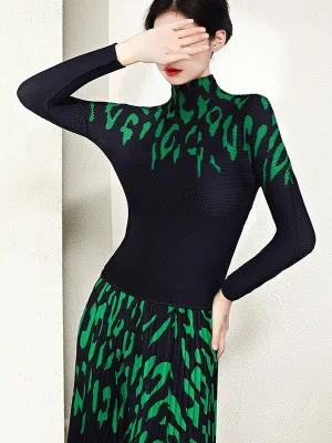 Long Sleeves Printed Mock Neck T-Shirt Top   Pleated A-Line Skirts Bottom Two Pieces Set