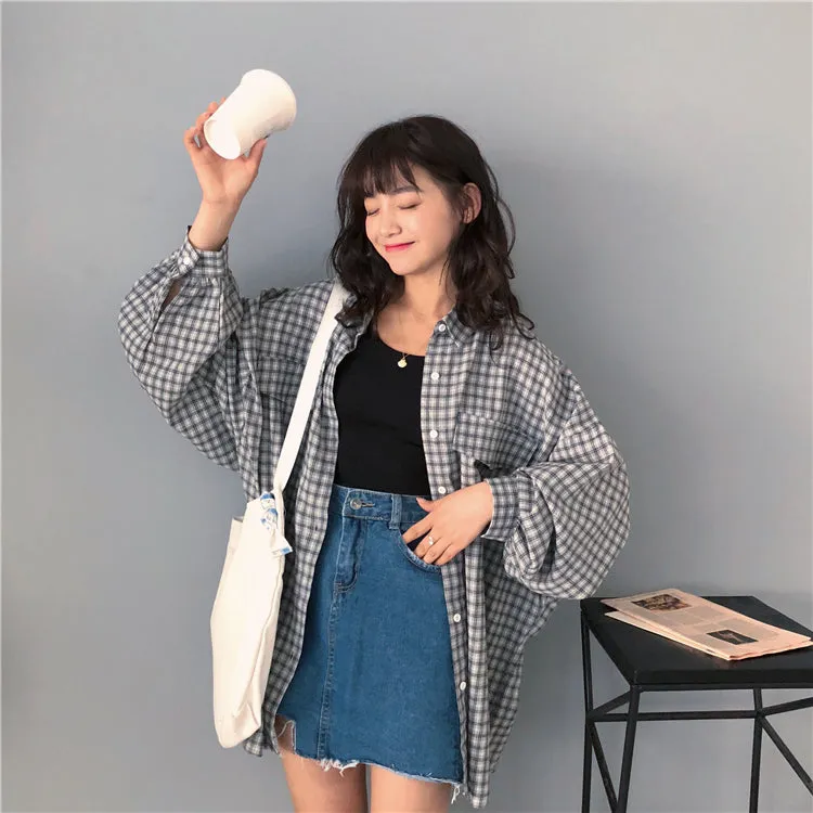 Loose Long Sleeve Casual Plaid Blouse Shirt