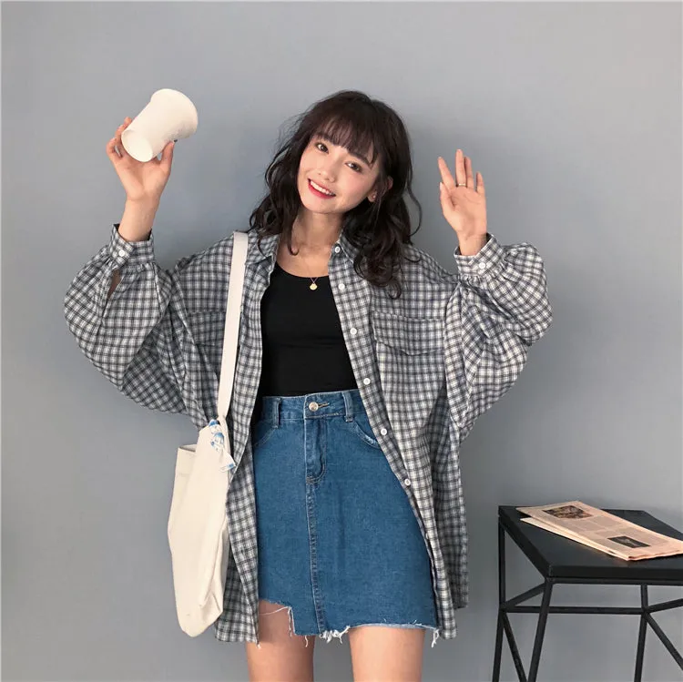 Loose Long Sleeve Casual Plaid Blouse Shirt