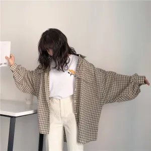 Loose Long Sleeve Casual Plaid Blouse Shirt