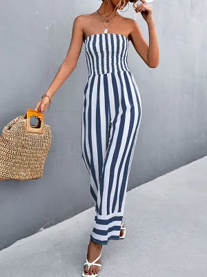 Loose Sleeveless Contrast Color Elasticity Striped Tube Jumpsuits