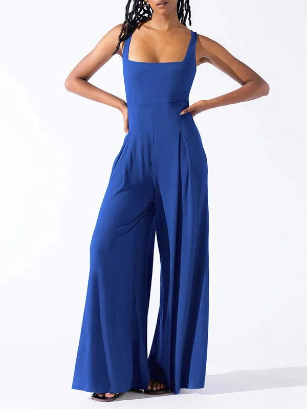 Loose Sleeveless Pleated Solid Color Spaghetti-Neck Jumpsuits