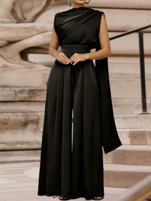 Loose Sleeveless Solid Color Shawl Collar Jumpsuits