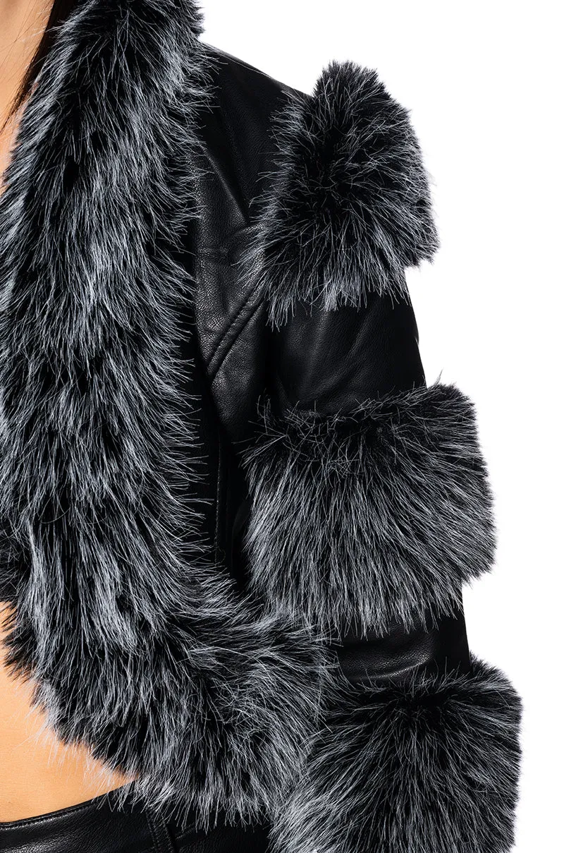 LOVERBOY FAUX FUR MOTO JACKET IN BLACK