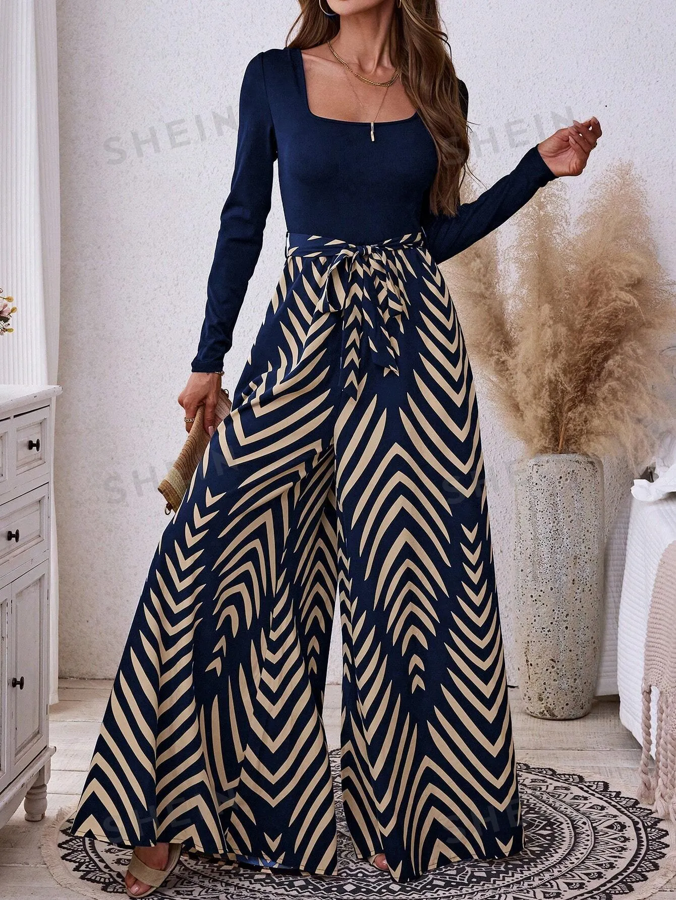 LUNE Women's Autumn/Winter Solid Color Ribbed Patchwork Geometric Print Woven Bohemian Casual Jumpsuit