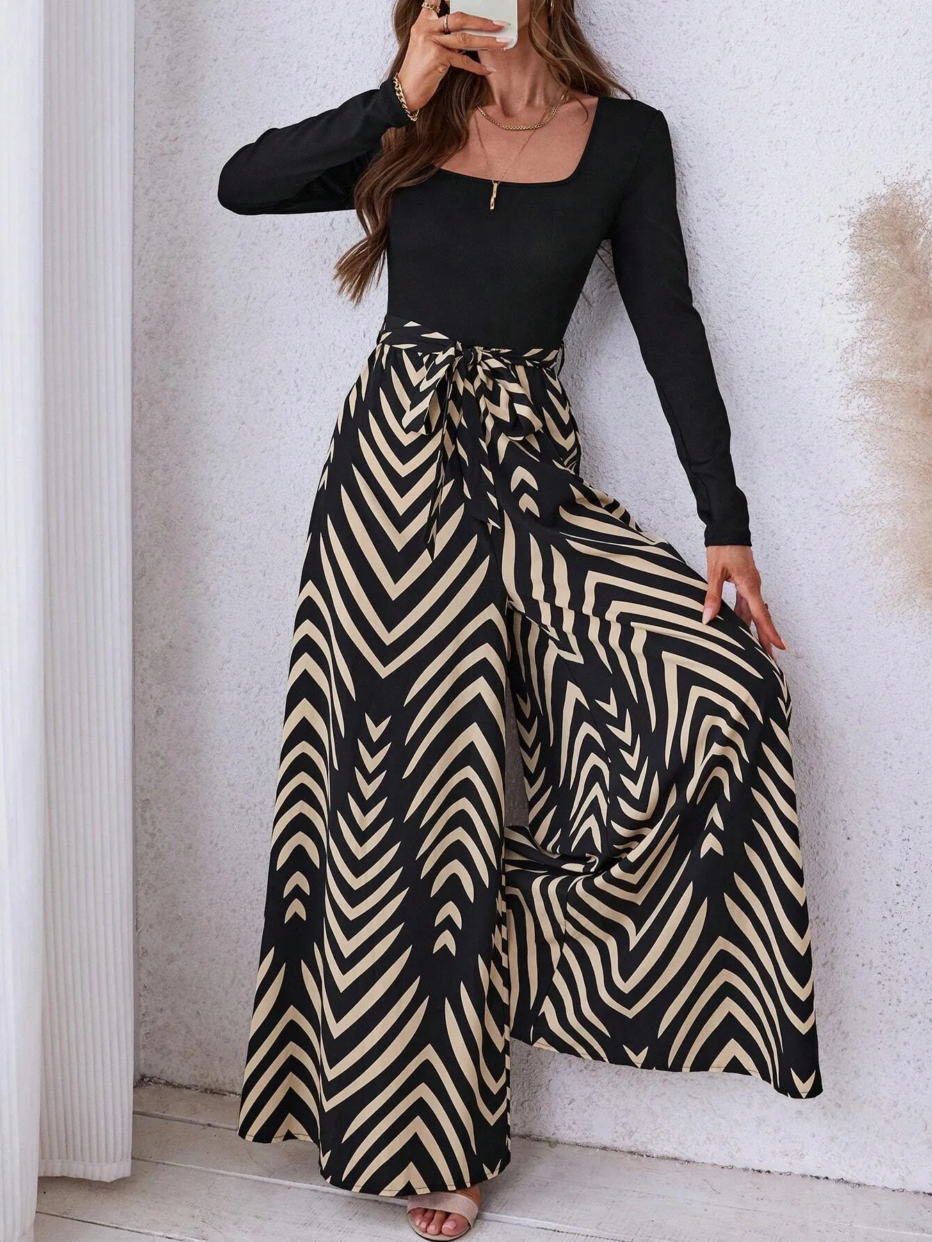 LUNE Women's Autumn/Winter Solid Color Ribbed Patchwork Geometric Print Woven Bohemian Casual Jumpsuit