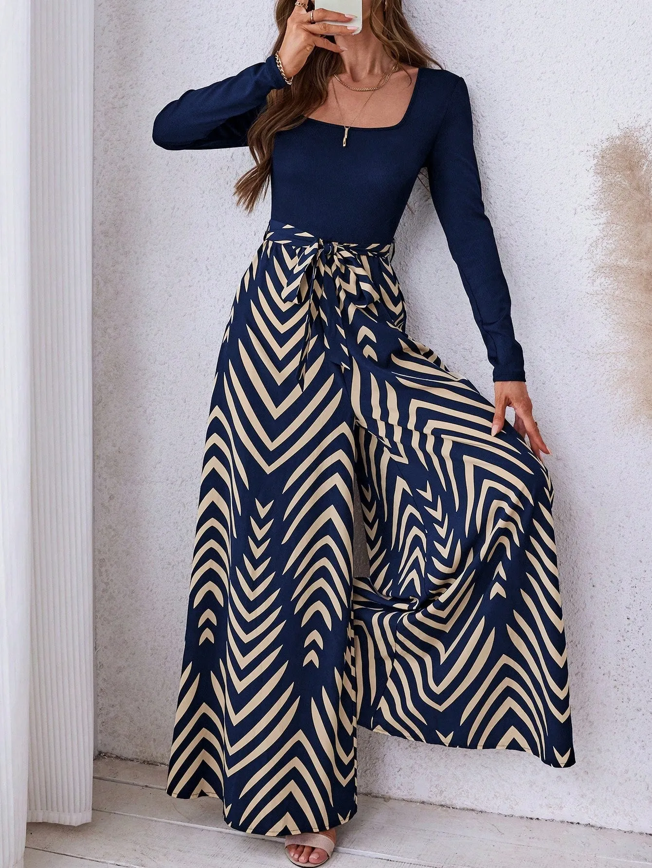 LUNE Women's Autumn/Winter Solid Color Ribbed Patchwork Geometric Print Woven Bohemian Casual Jumpsuit