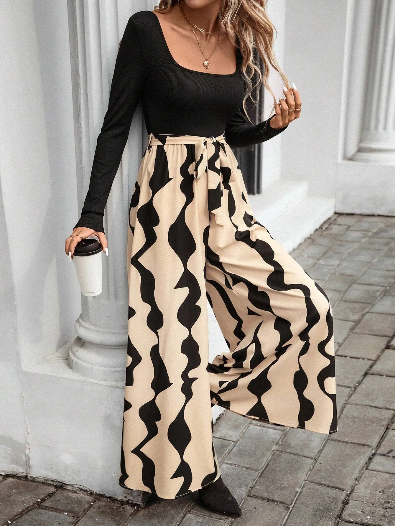LUNE Women's Autumn/Winter Solid Color Ribbed Patchwork Geometric Print Woven Bohemian Casual Jumpsuit