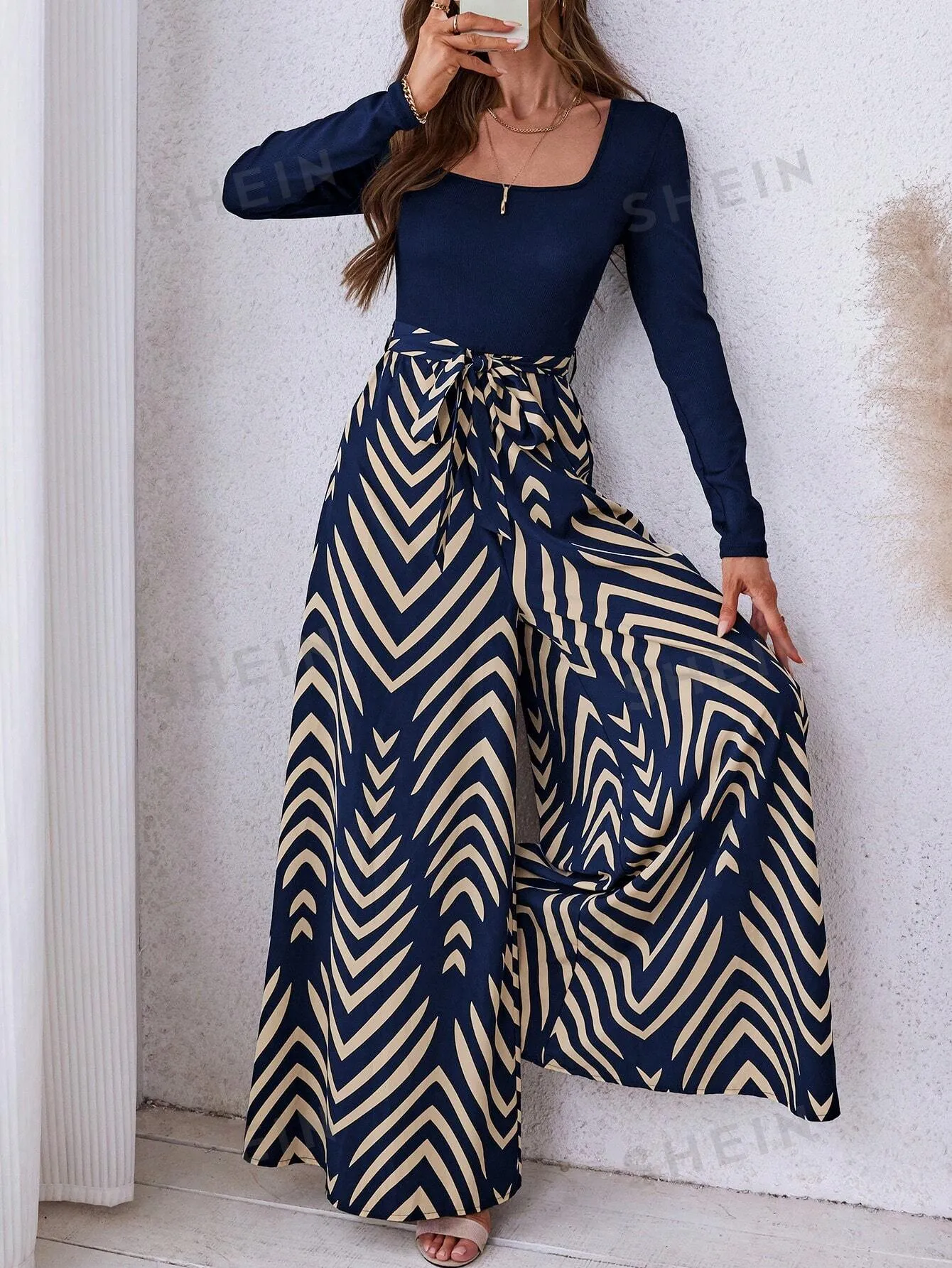 LUNE Women's Autumn/Winter Solid Color Ribbed Patchwork Geometric Print Woven Bohemian Casual Jumpsuit