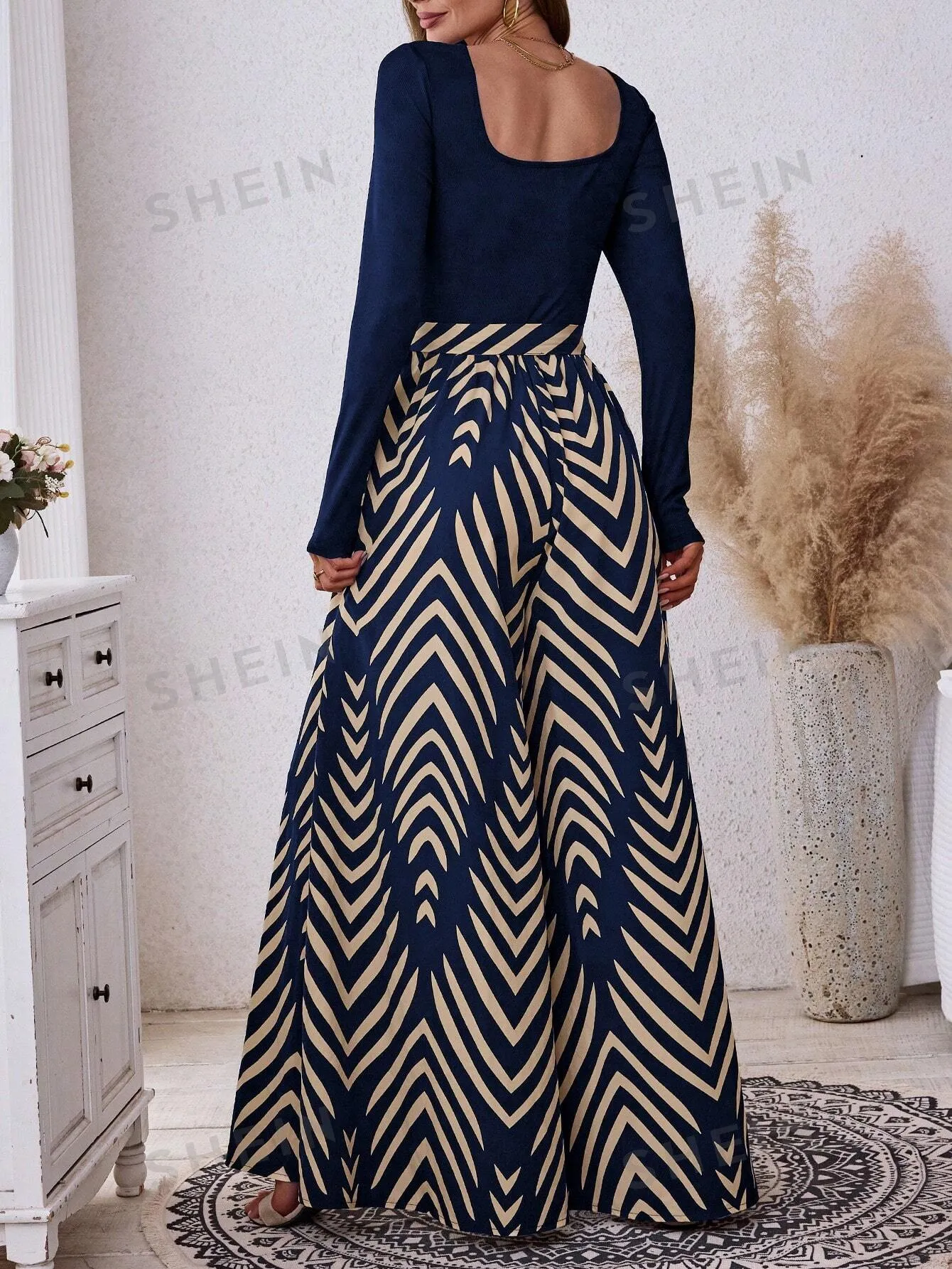 LUNE Women's Autumn/Winter Solid Color Ribbed Patchwork Geometric Print Woven Bohemian Casual Jumpsuit