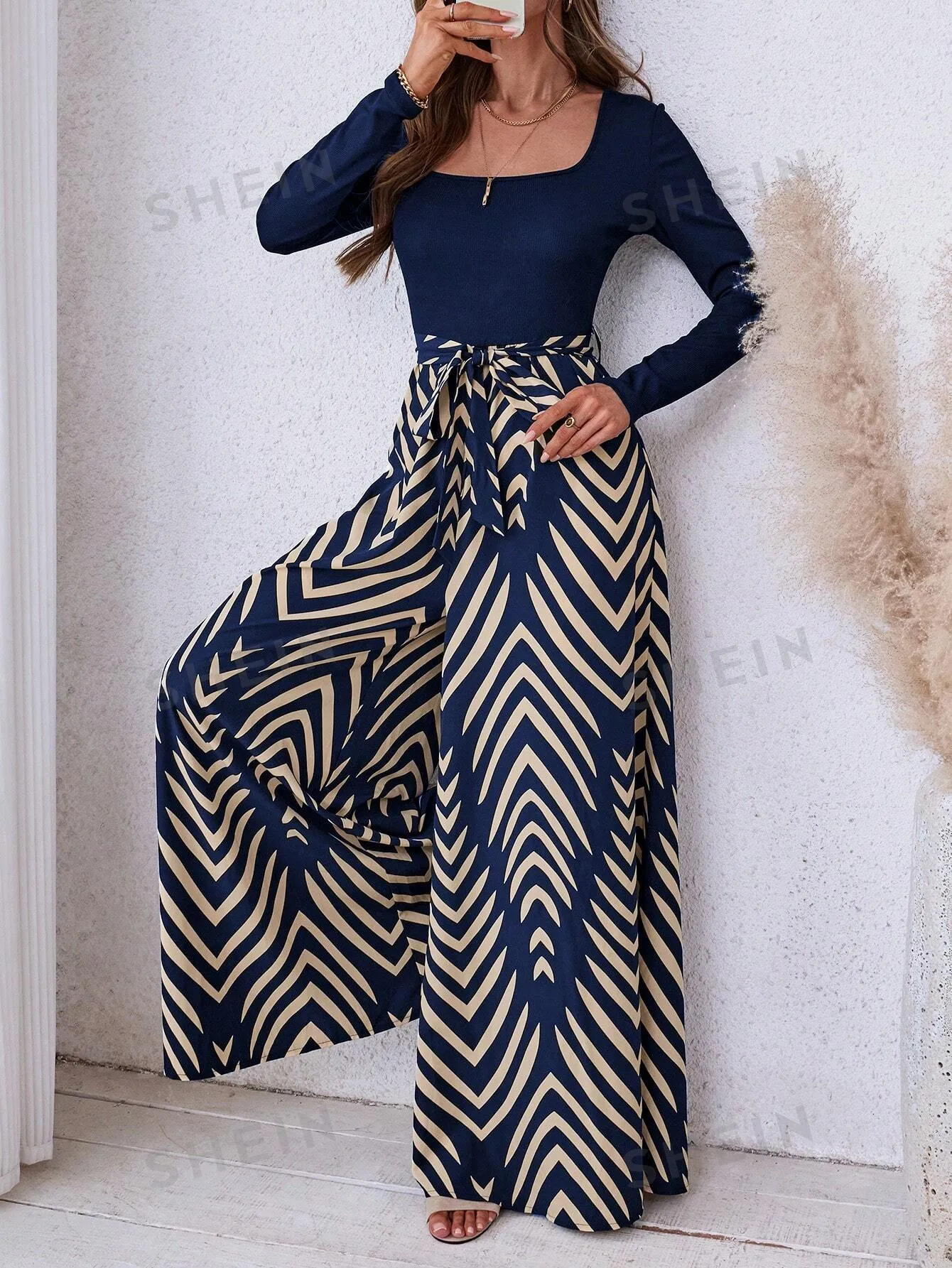 LUNE Women's Autumn/Winter Solid Color Ribbed Patchwork Geometric Print Woven Bohemian Casual Jumpsuit