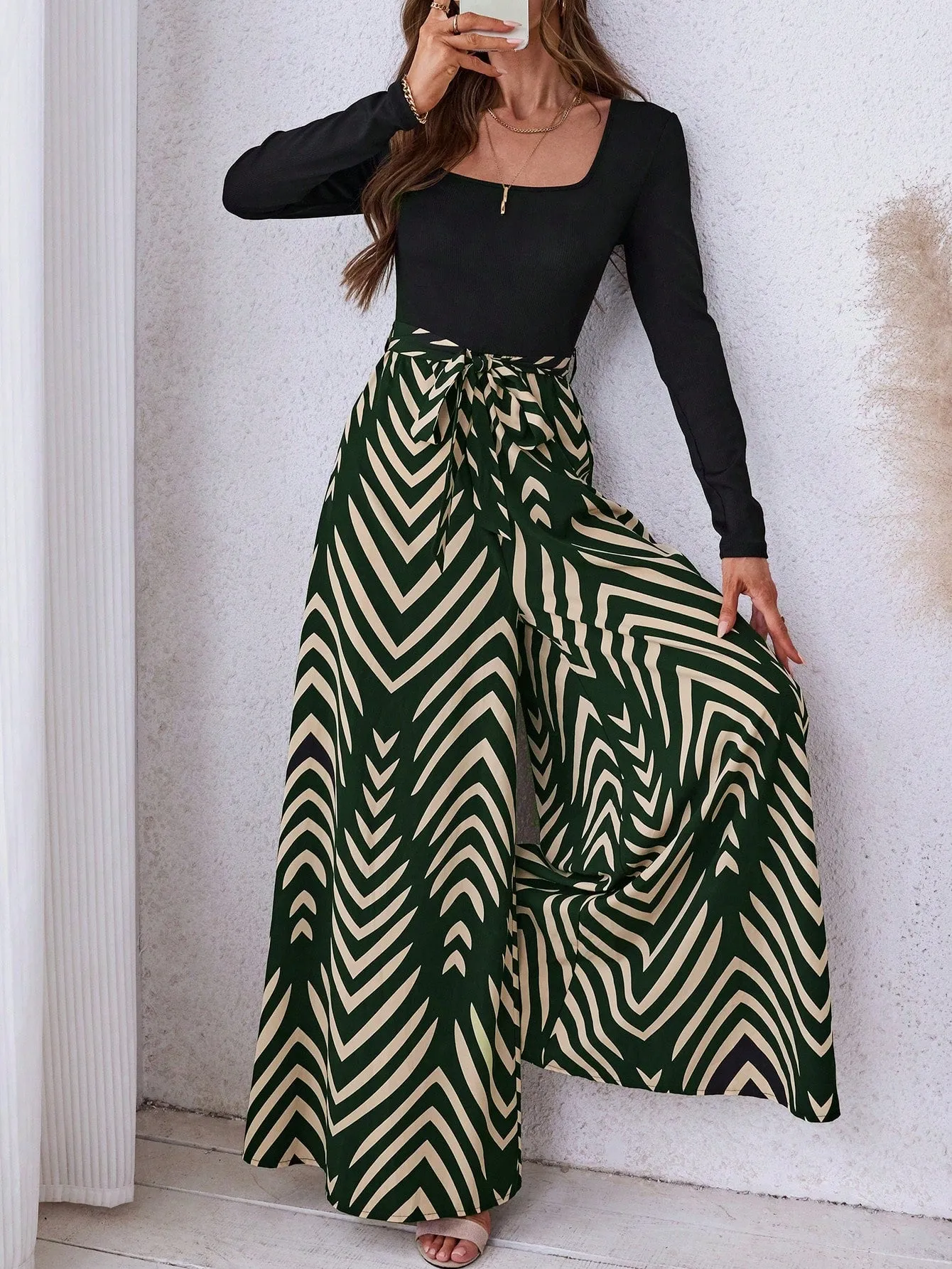 LUNE Women's Autumn/Winter Solid Color Ribbed Patchwork Geometric Print Woven Bohemian Casual Jumpsuit