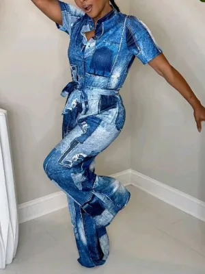 LW Plus Size Jumpsuit Imitation Denim Bandage Pocket Design Jumpsuit Summer autumn short sleeve Casual Jumpsuit Trousers