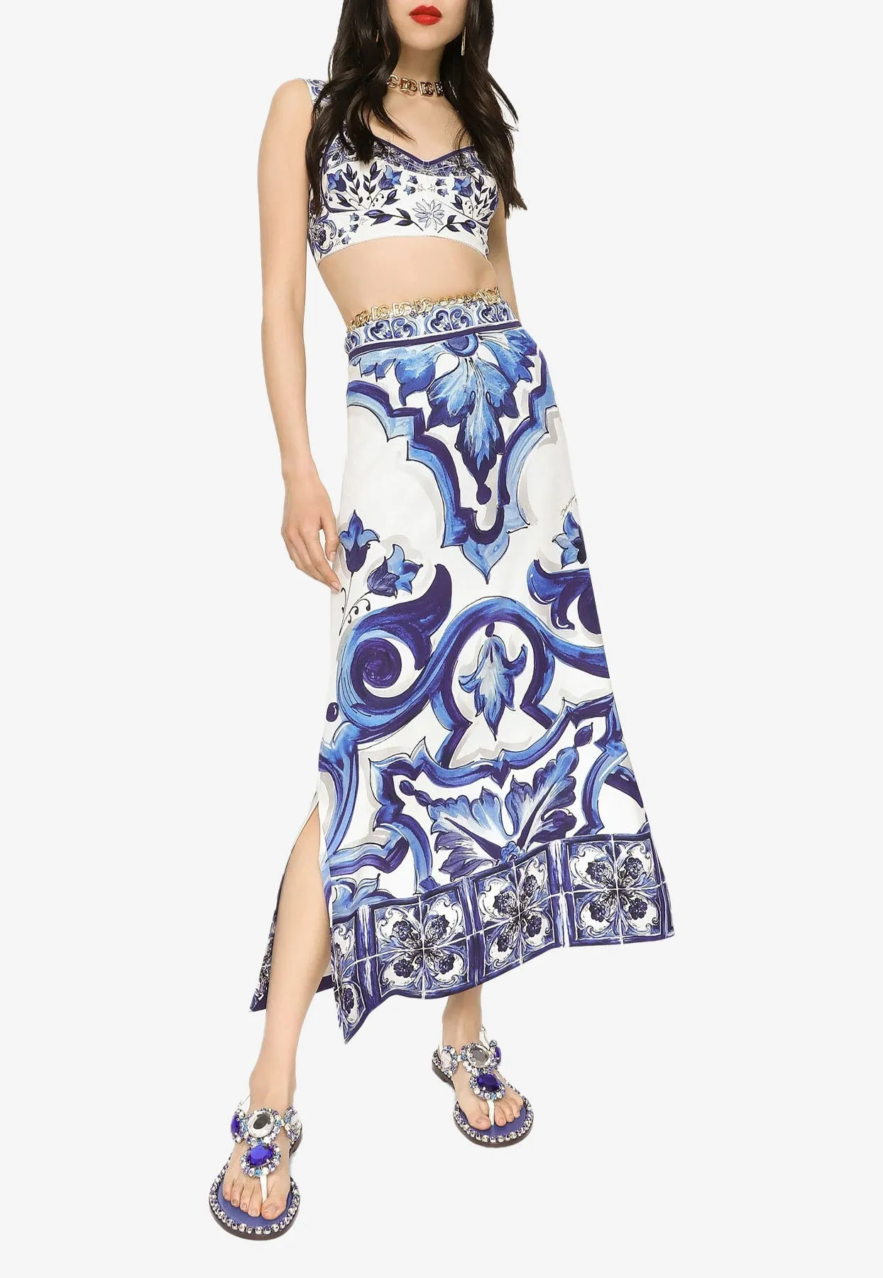 Majolica Print High-Waist Midi Skirt