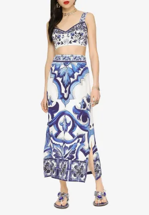 Majolica Print High-Waist Midi Skirt