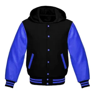 Men Black Varsity Jacket with Blue Faux Leather Sleeves