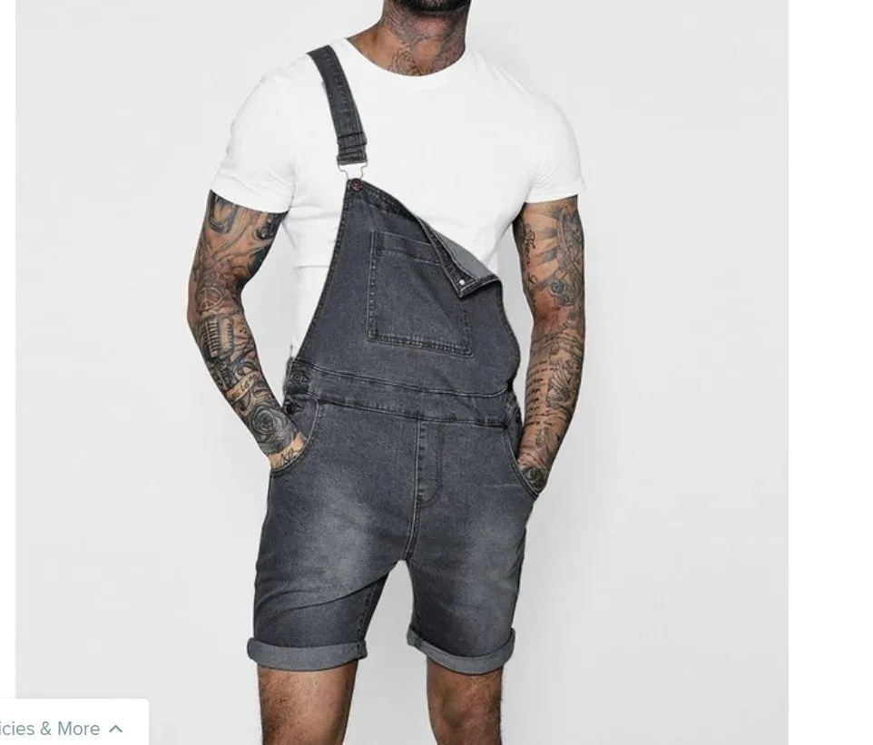 Men Jeans Rompers Overalls Wide Leg Pants Washing Spliced One Piece Pockets Summer Jumpsuits Knee Length Casual Distressed