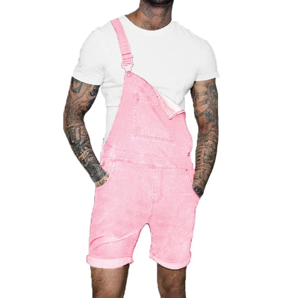 Men Jeans Rompers Overalls Wide Leg Pants Washing Spliced One Piece Pockets Summer Jumpsuits Knee Length Casual Distressed