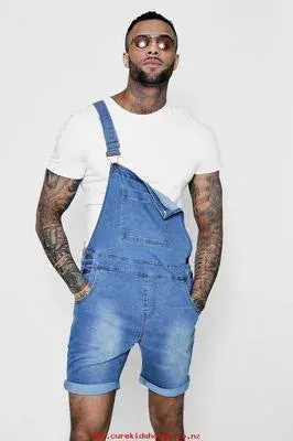 Men Jeans Rompers Overalls Wide Leg Pants Washing Spliced One Piece Pockets Summer Jumpsuits Knee Length Casual Distressed
